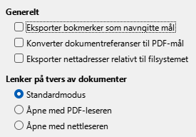 PDF eksportkoblinger Alternativer, Dialog