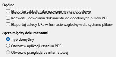 Obraz okna dialogowego opcji łączy eksportu PDF