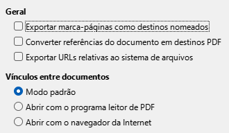 Imagem da caixa de diálogo de opções de vínculos da exportação PDF