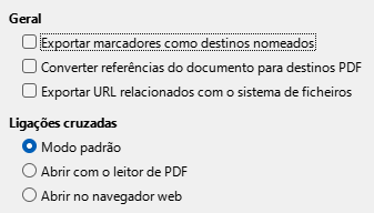Imagem da caixa de diálogo das opções de ligação da exportação PDF