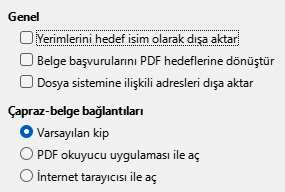 PDF Dışa Aktarma Bağlantı Seçenekleri Penceresi Görüntüsü