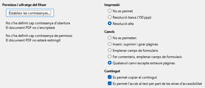 Imatge de diàleg de les opcions de les opcions de seguretat de l'exportació PDF