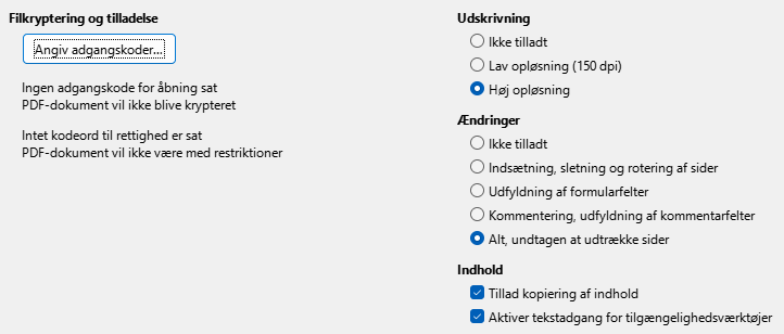 Billede af dialogen PDF-eksport ▸ Sikkerhedsindstillinger