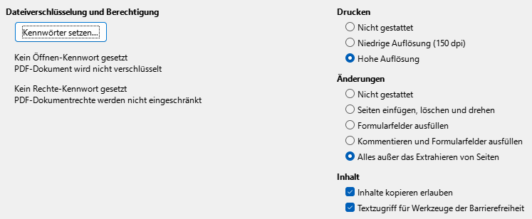 Bild des Export-Dialogs PDF-Optionen – Sicherheit