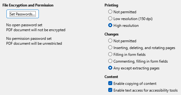 PDF Export Security Options Dialogue Box Image