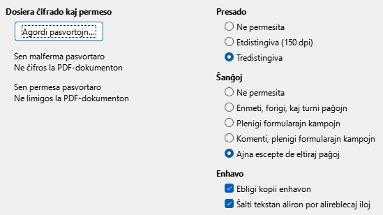 Bildo de dialogo por PDF-eksporta langeto Sekureco