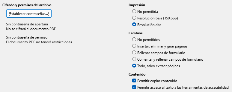 Imagen del diálogo Exportar a PDF, pestaña Seguridad