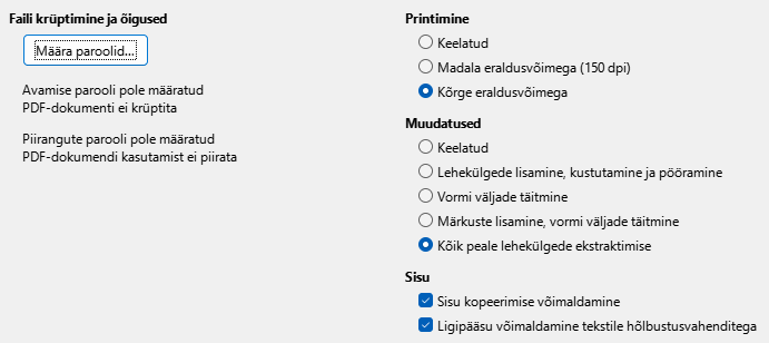 Ekraanipilt PDF-i ekspordi turvasätetest