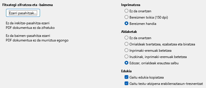 PDF esportazioaren segurtasun-aukeren elkarrizketa-koadroaren irudia
