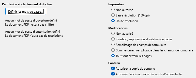 Image de la boîte de dialogue des options de sécurité de l'export PDF