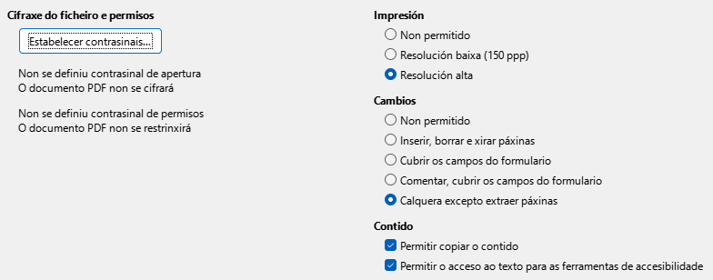 Imaxe da caixa de diálogo de opcións de seguranza da exportación a PDF