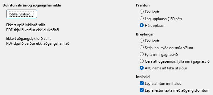 PDF Export Security Options Dialog Image