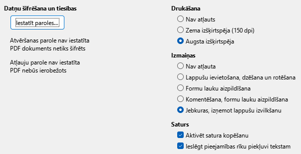 PDF Export Security Options Dialog Image