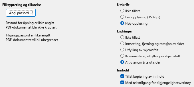 Sikkerhetsdialog for PDF Eksportalternativer.