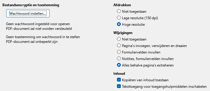 Afbeelding van dialoogvenster PDF-opties - Beveiling