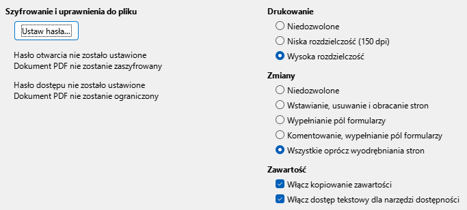Obraz okna dialogowego opcji bezpieczeństwa eksportu PDF