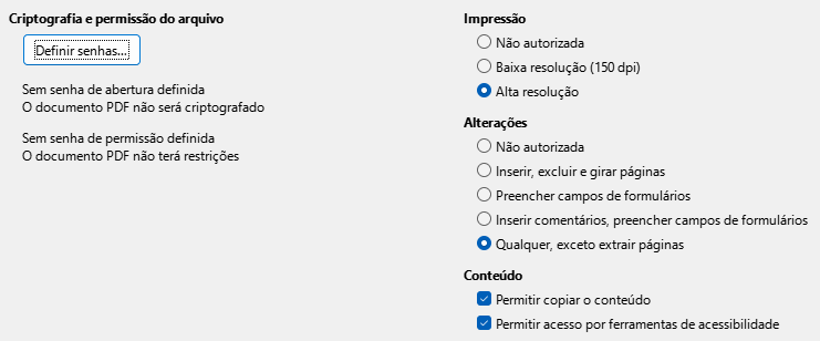 Imagem da caixa de diálogo de opções de segurança da exportação PDF