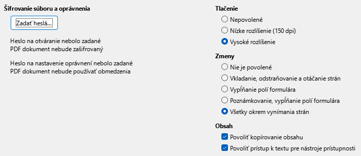 PDF Export Security Options Dialog Image