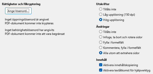 PDF Export Security Options Dialog Image