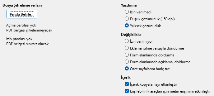 PDF Dışa Aktarma Güvenlik Seçenekleri Penceresi Görüntüsü