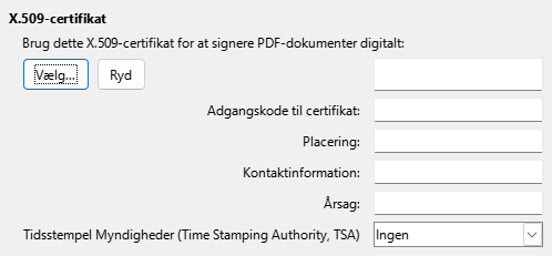 Dialogen indstillinger for PDF-eksport Digital signatur