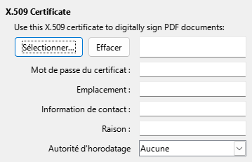 Image de la boîte de dialogue des options de signature numérique de l'export PDF