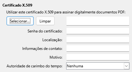 Imagem da caixa de diálogo de opções de assinatura digital da exportação PDF