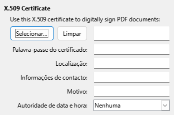 Imagem da caixa de diálogo de opções da assinatura digital na exportação PDF