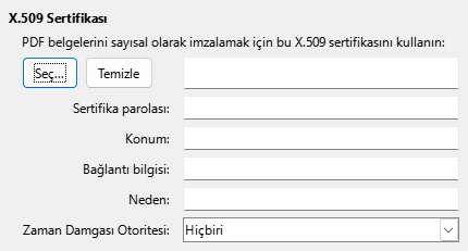 PDF Dışa Aktarma Sayısal İmzalama Seçenekleri Penceresi Görüntüsü