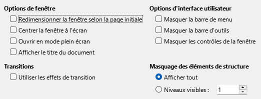 Image de la boîte de dialogue des option de l'interface utilisateur de l'export PDF