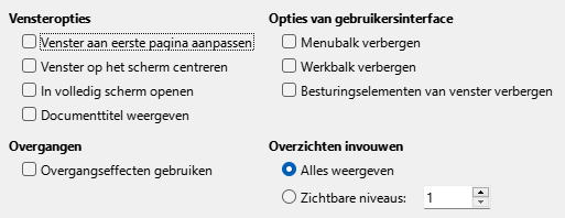 Afbeelding van dialoogvenster PDF-opties - Gebruikersinterface