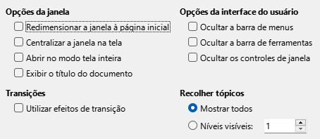 Imagem da caixa de diálogo de opções de interface do usuário da exportação PDF