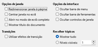 Imagem da caixa de diálogo de opções da interface do utilização na exportação PDF