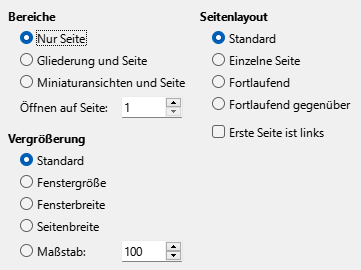 Bild des Export-Dialogs PDF-Optionen – Anfangsdarstellung