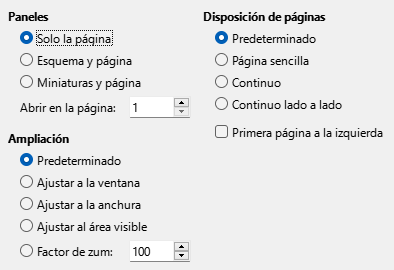 Imagen del diálogo Exportar a PDF, pestaña de opciones de visualización