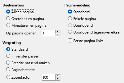 Afbeelding van dialoogvenster PDF-opties - Beginweergave
