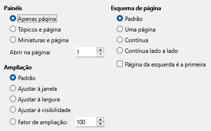 Imagem da caixa de diálogo das opções de visualização da exportação PDF