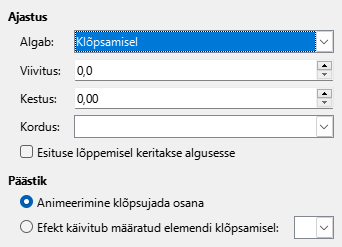 Ekraanipilt animatsiooni ajastuse dialoogist