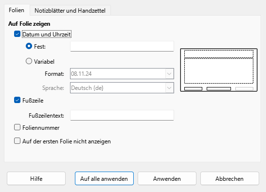 Dialog Kopf- und Fußzeile