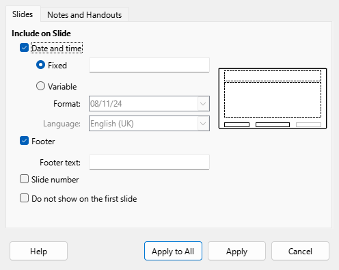 Header Footer Dialogue Box