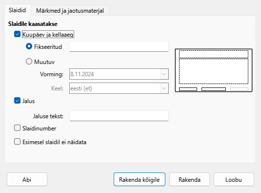 Ekraanipilt päise ja jaluse dialoogist