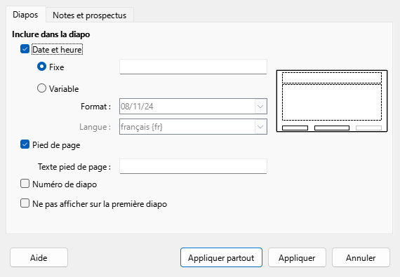 Boîte de dialogue En-tête et pied de page