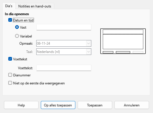 Dialoogvenster Kop- en voettekst