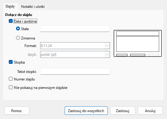 Okno dialogowe główki i stopki