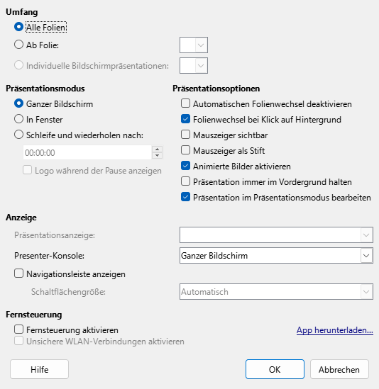 Bild des Dialogs Bildschirmpräsentation