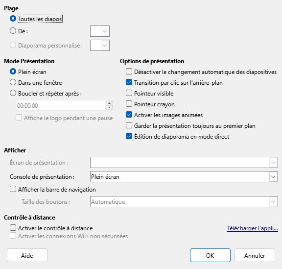 Boîte de dialogue Présentation
