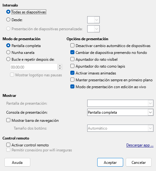Caixa de diálogo Presentación