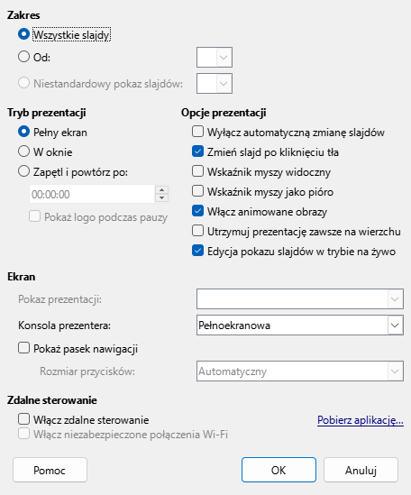 Okno dialogowe prezentacji