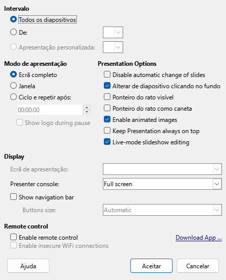 Caixa de diálogo Apresentação