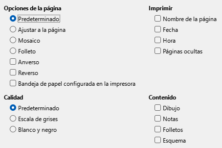 Diálogo de opciones de impresión de Impress